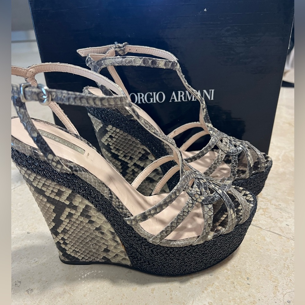 Giorgio Armani snake skin wedge platform sandal in gray and pewter colors